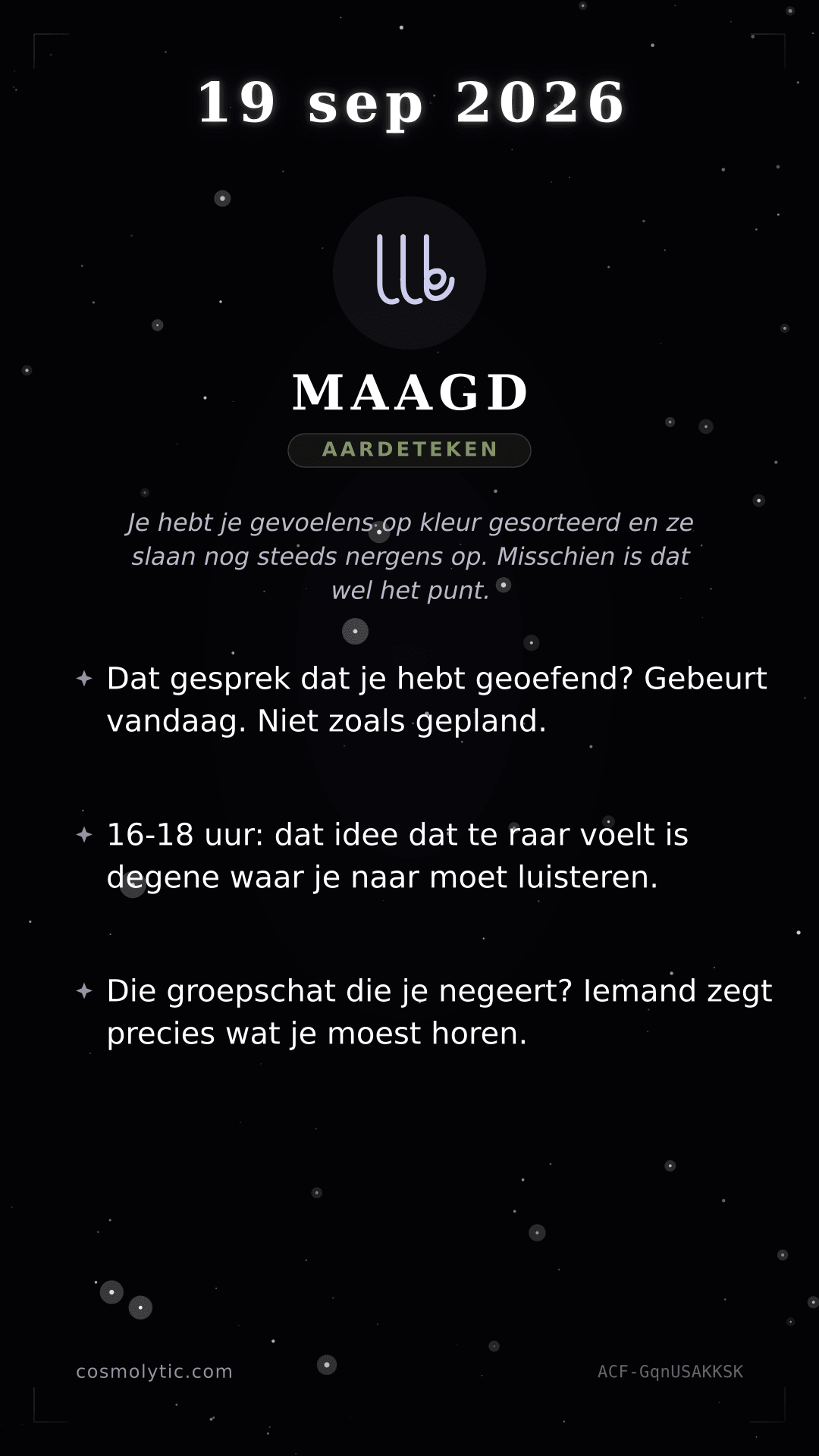 Maagd daghoroscoop kaart voor 19 september 2026