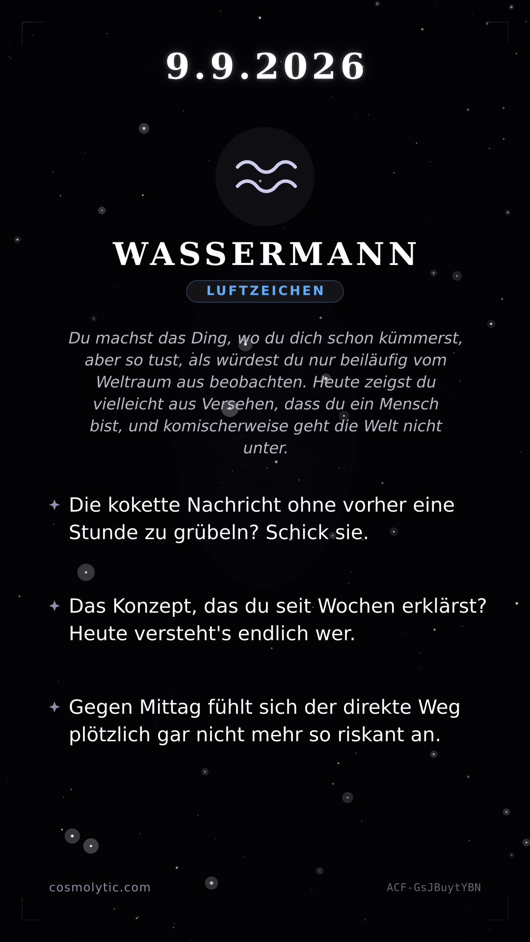 Wassermann Tageshoroskop-Karte für 9. September 2026