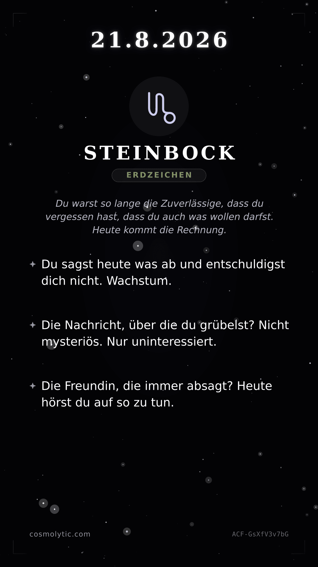 Steinbock Tageshoroskop-Karte für 21. August 2026