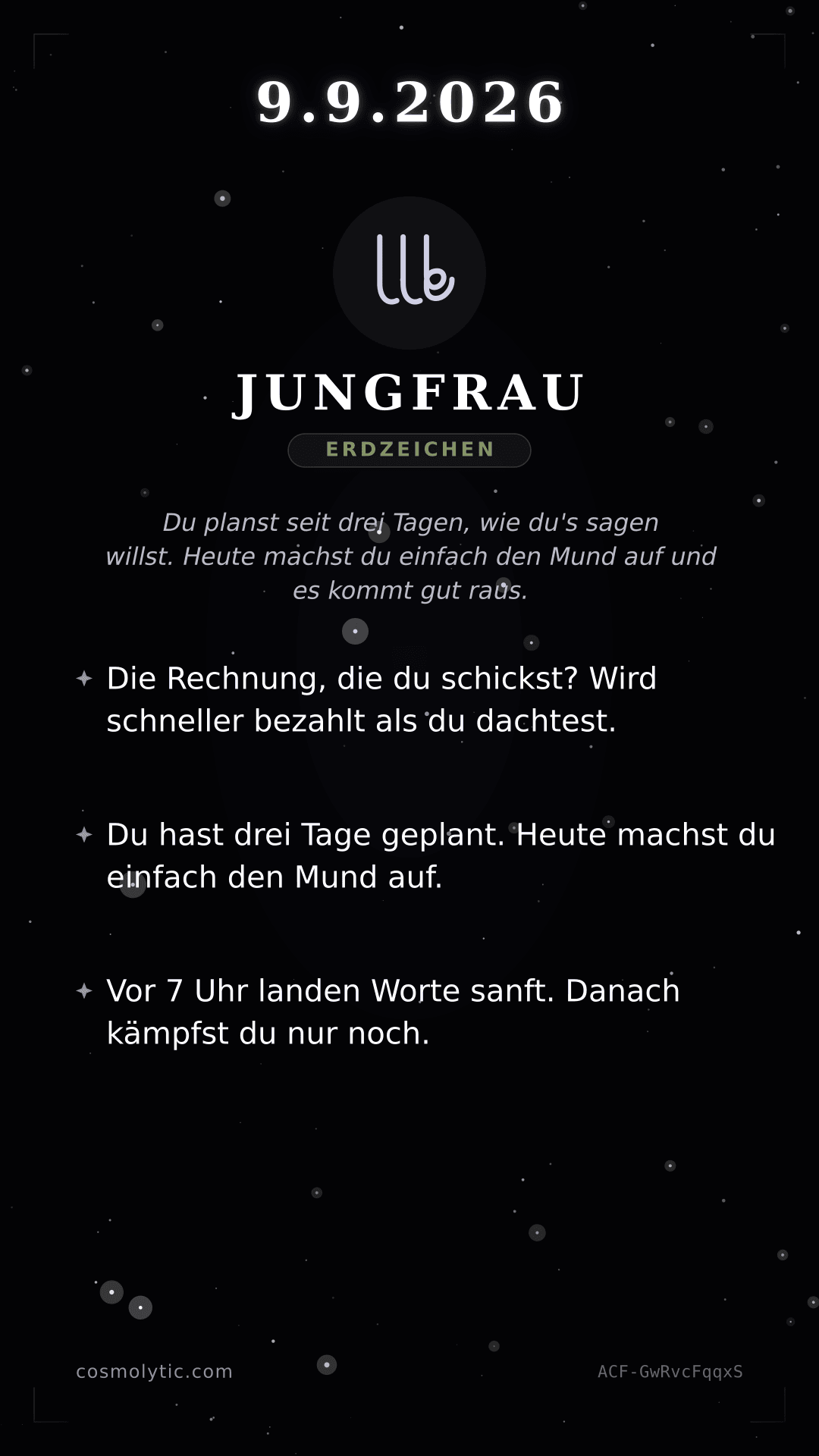 Jungfrau Tageshoroskop-Karte für 9. September 2026