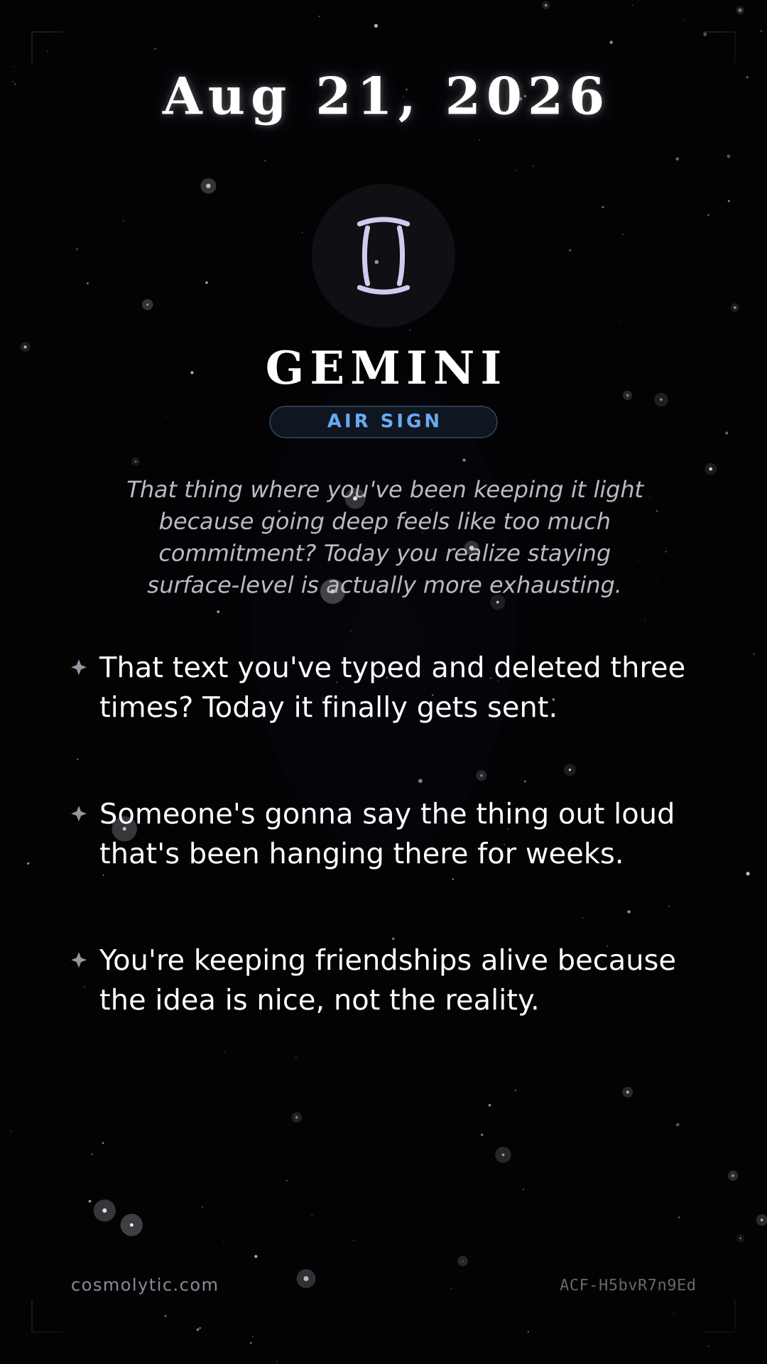 Gemini daily horoscope card for August 21, 2026