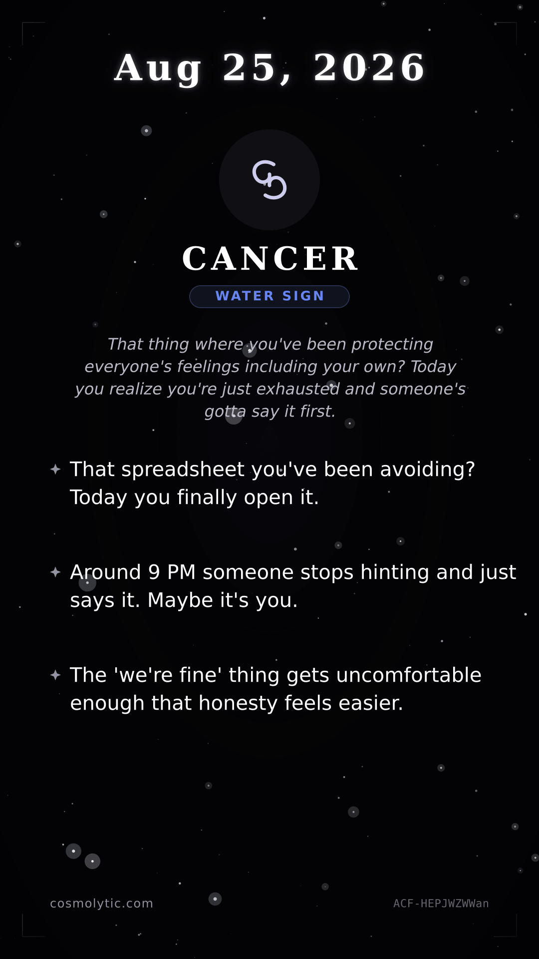 Cancer daily horoscope card for August 25, 2026