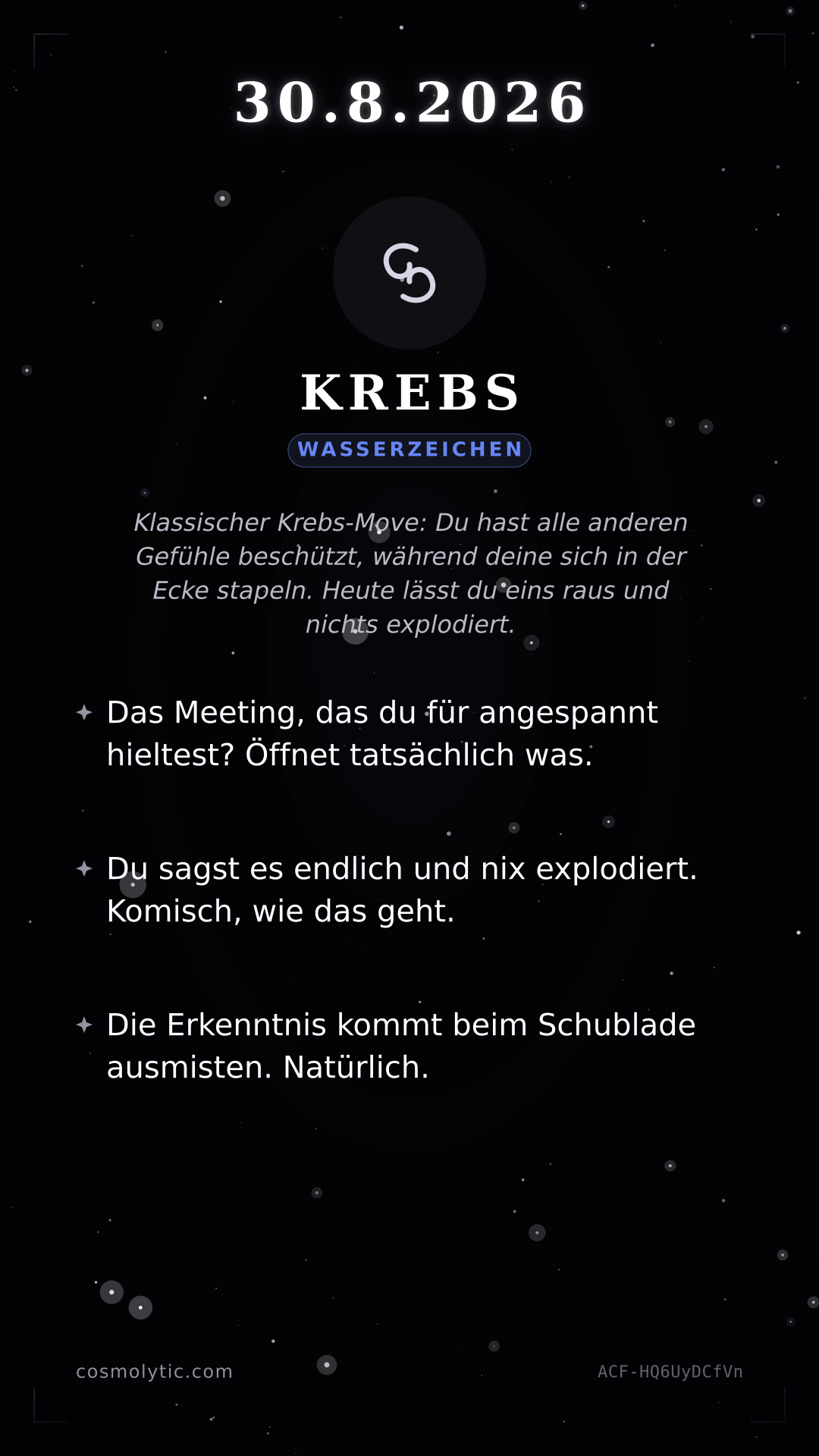 Krebs Tageshoroskop-Karte für 30. August 2026