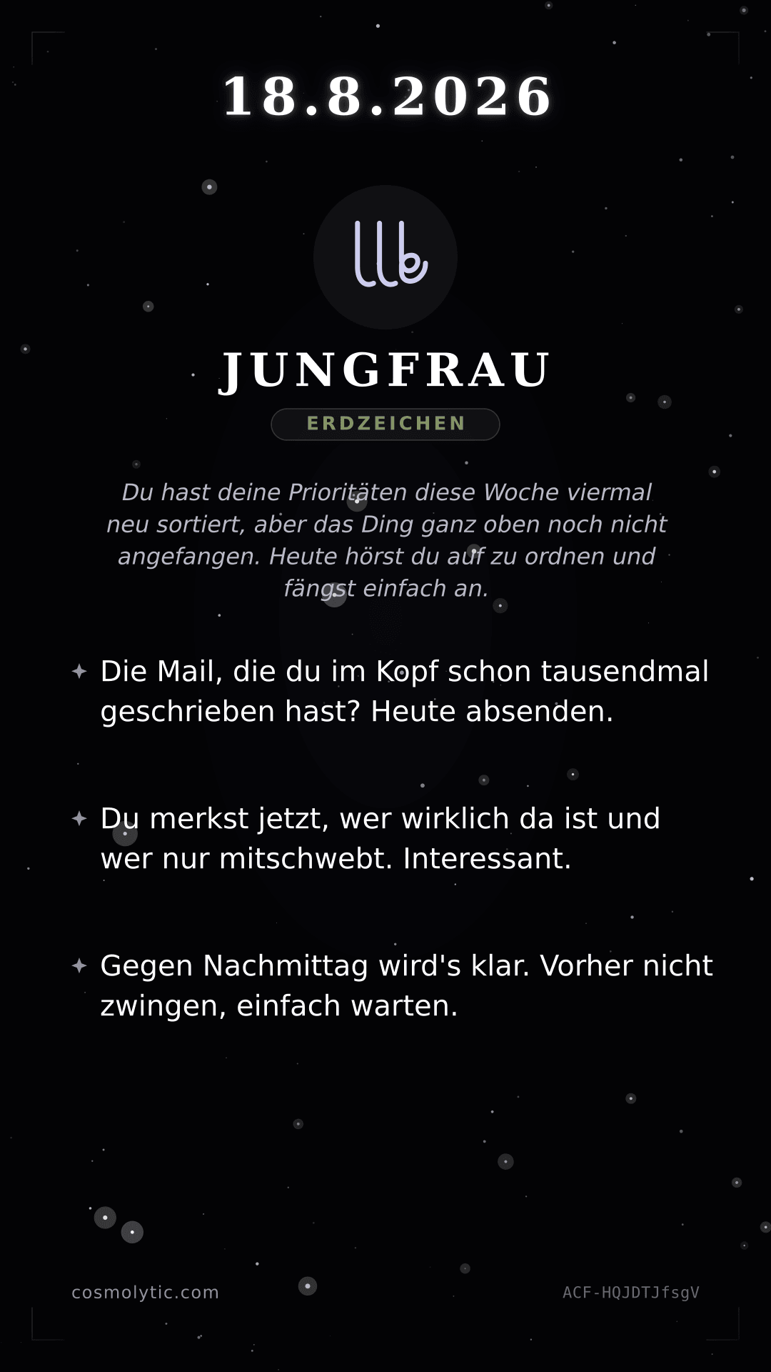 Jungfrau Tageshoroskop-Karte für 18. August 2026