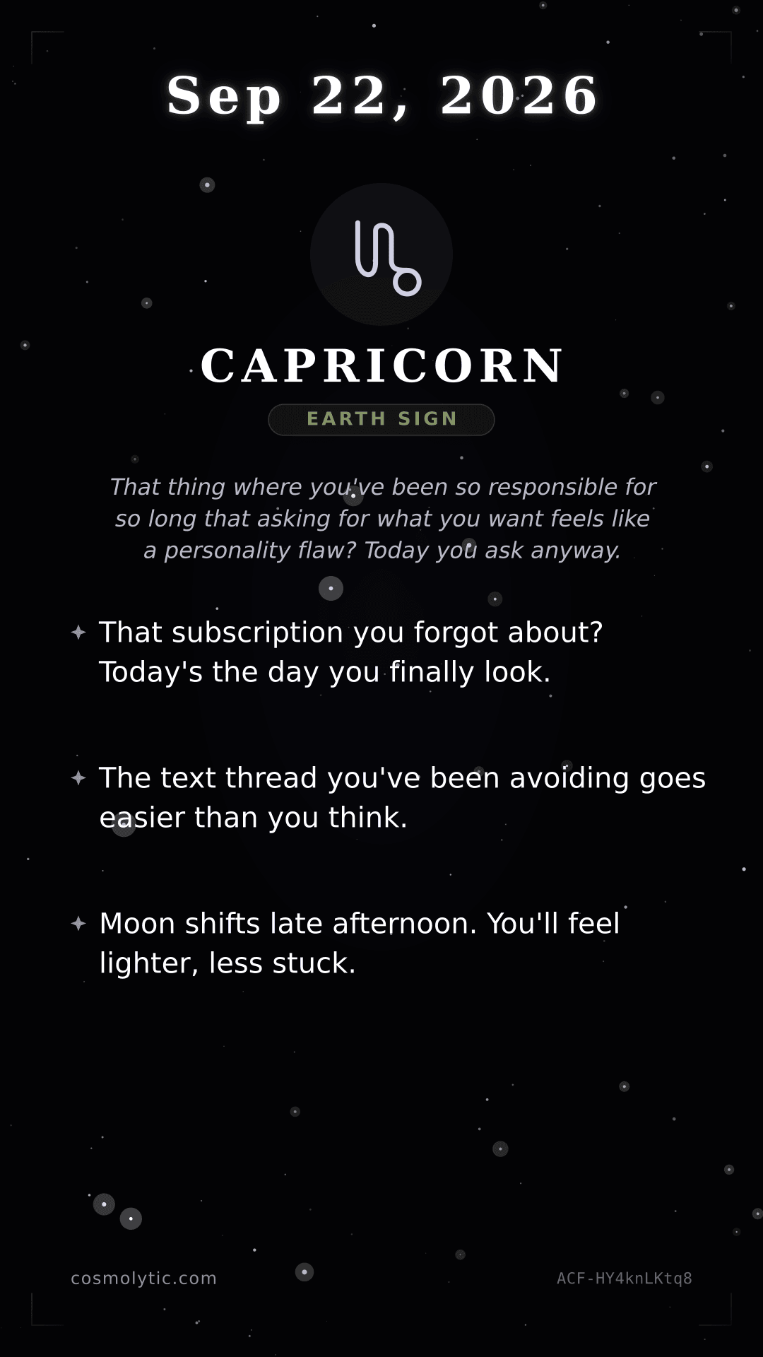 Capricorn daily horoscope card for September 22, 2026