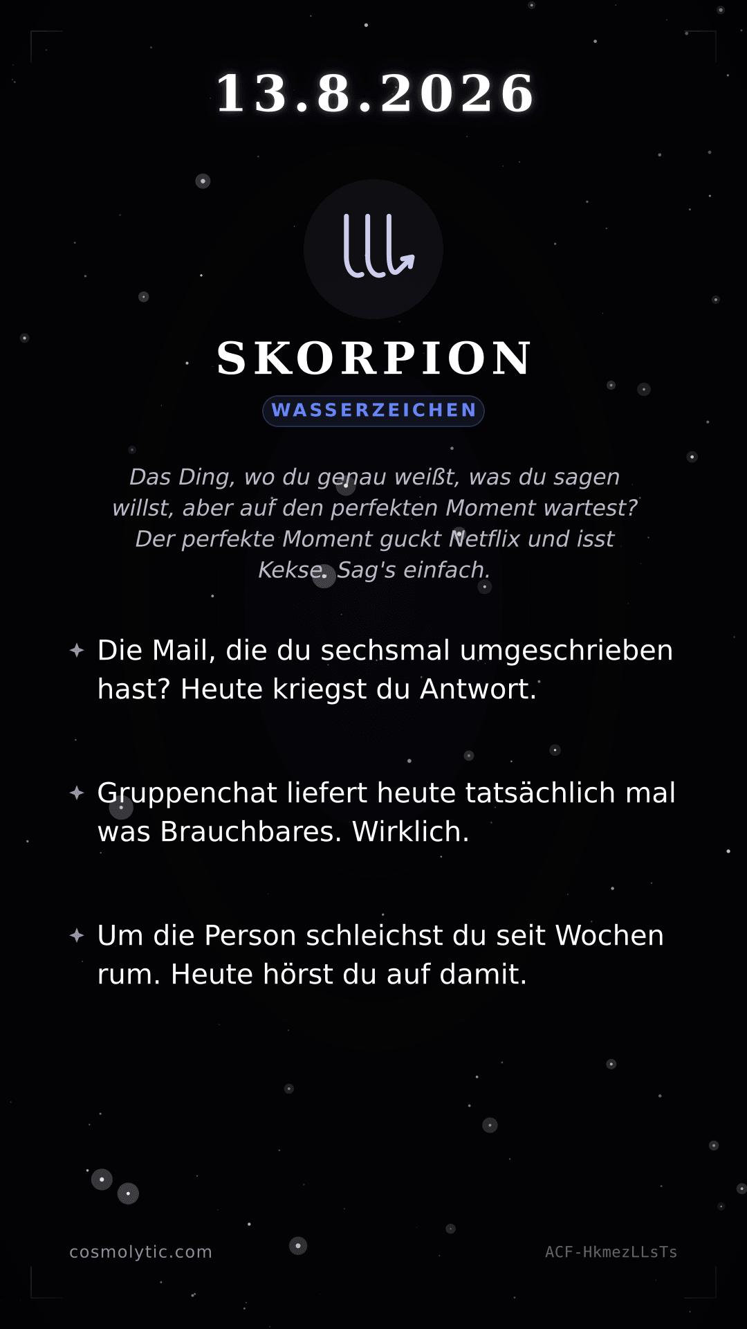 Skorpion Tageshoroskop-Karte für 13. August 2026