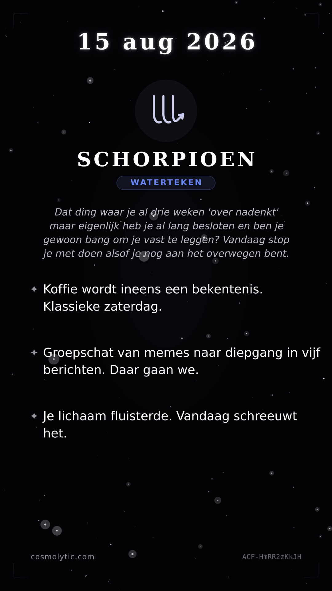 Schorpioen daghoroscoop kaart voor 15 augustus 2026