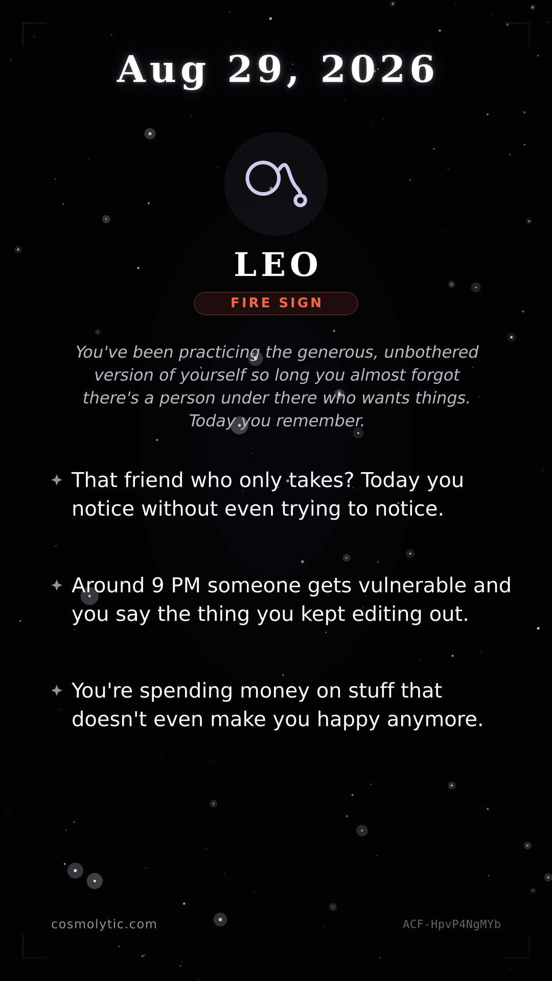 Leo daily horoscope card for August 29, 2026