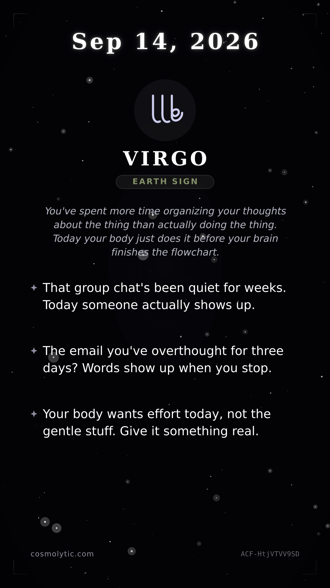 Virgo daily horoscope card for September 14, 2026