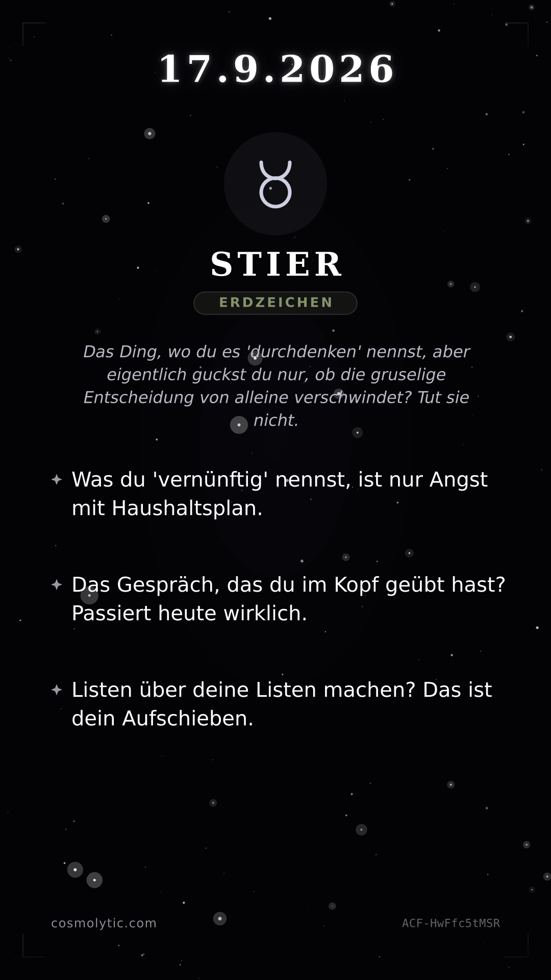 Stier Tageshoroskop-Karte für 17. September 2026