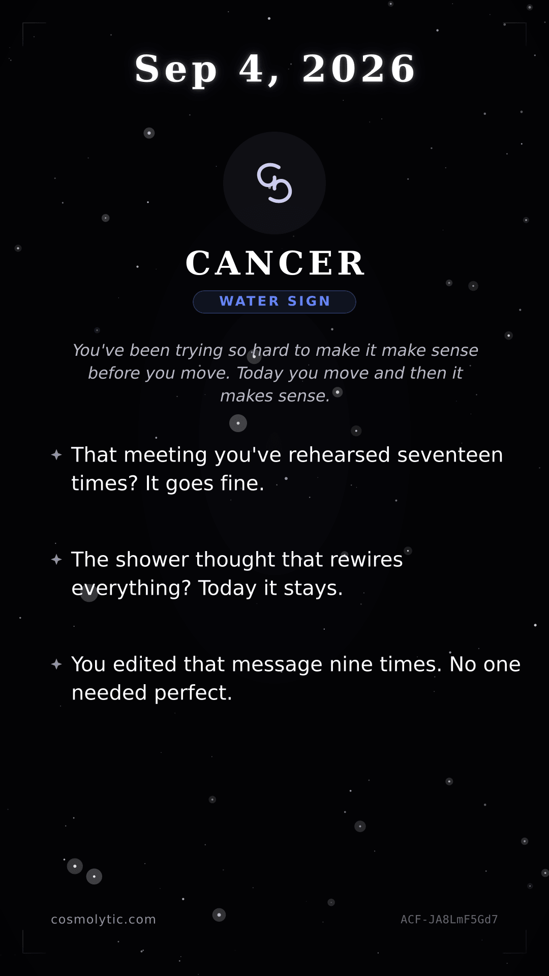 Cancer daily horoscope card for September 4, 2026