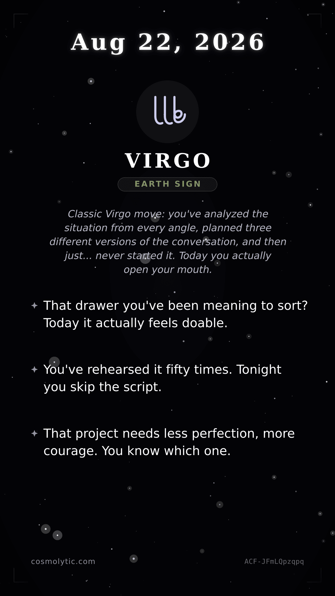 Virgo daily horoscope card for August 22, 2026