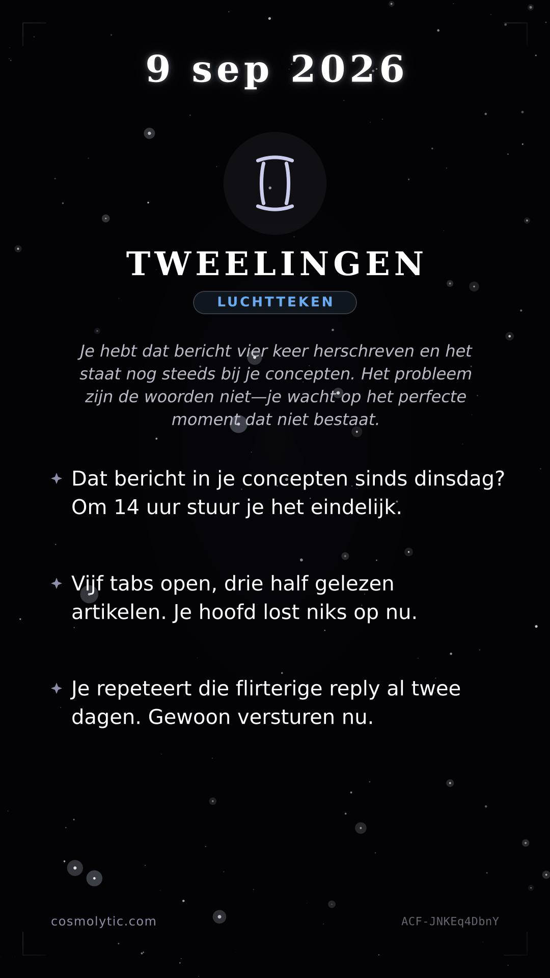 Tweelingen daghoroscoop kaart voor 9 september 2026