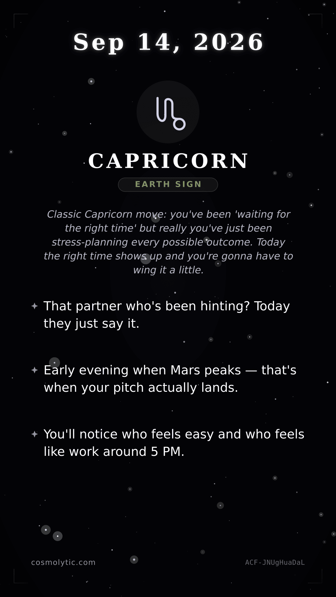 Capricorn daily horoscope card for September 14, 2026