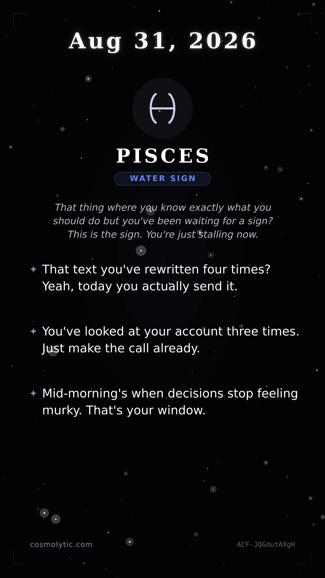 Pisces daily horoscope card for August 31, 2026