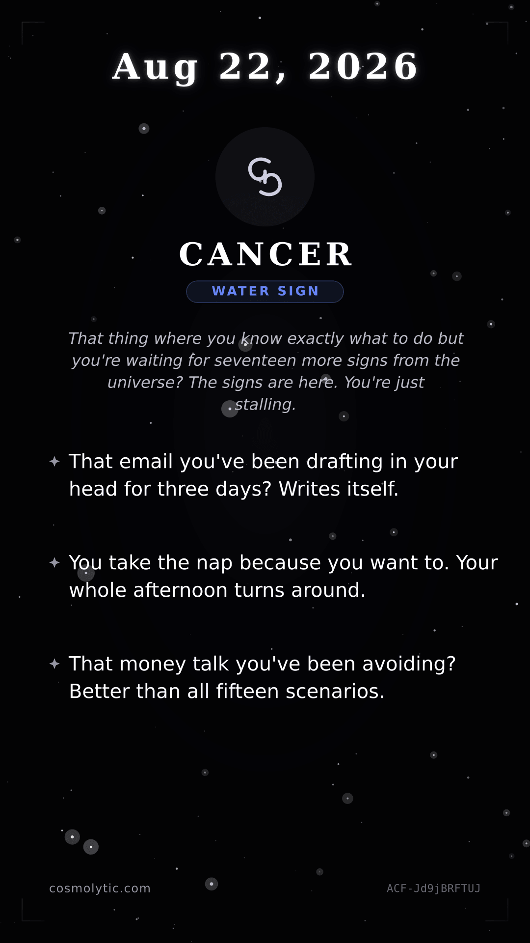 Cancer daily horoscope card for August 22, 2026
