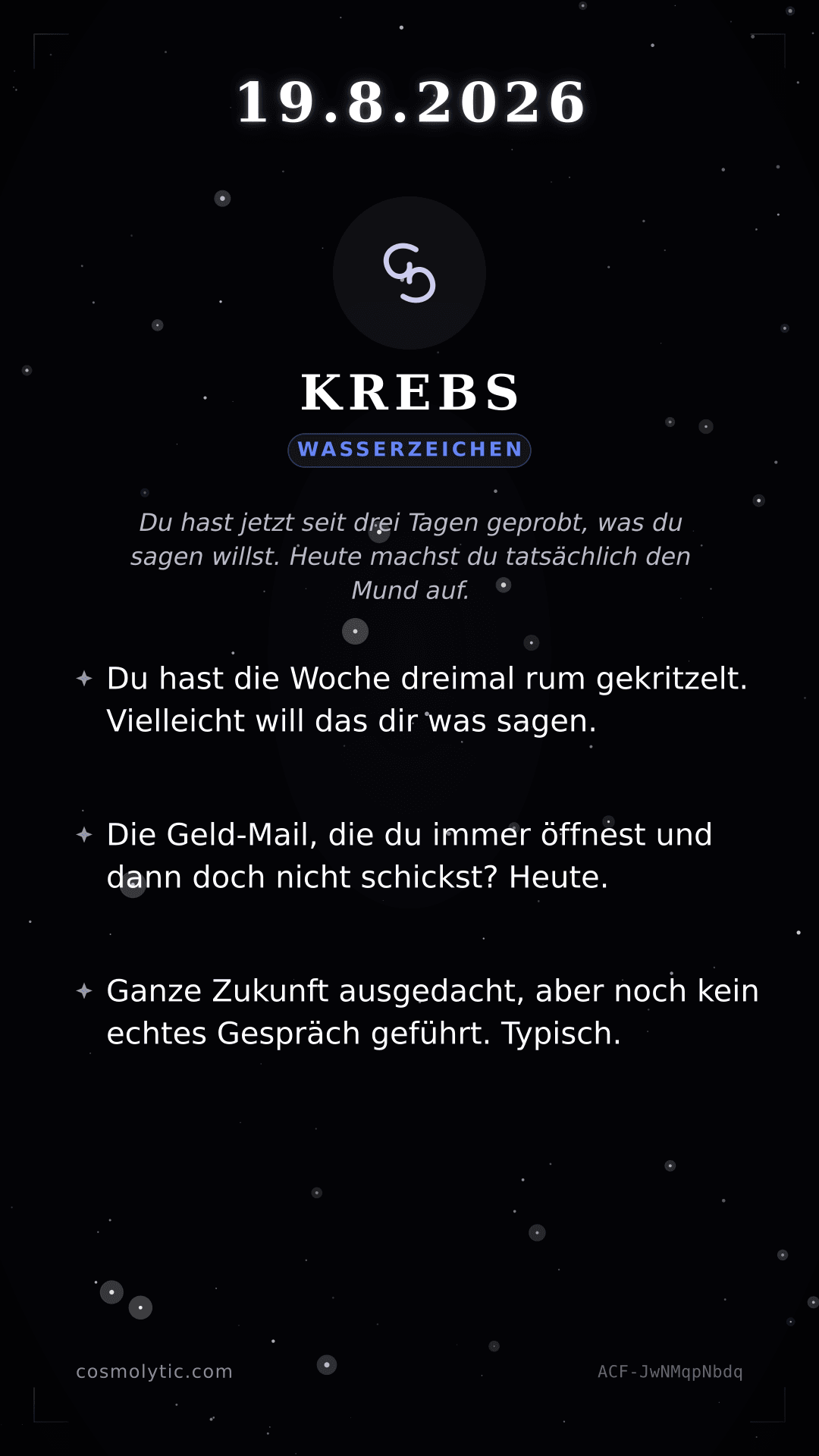 Krebs Tageshoroskop-Karte für 19. August 2026