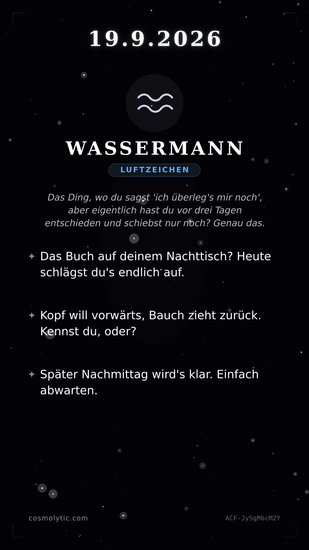 Wassermann Tageshoroskop-Karte für 19. September 2026