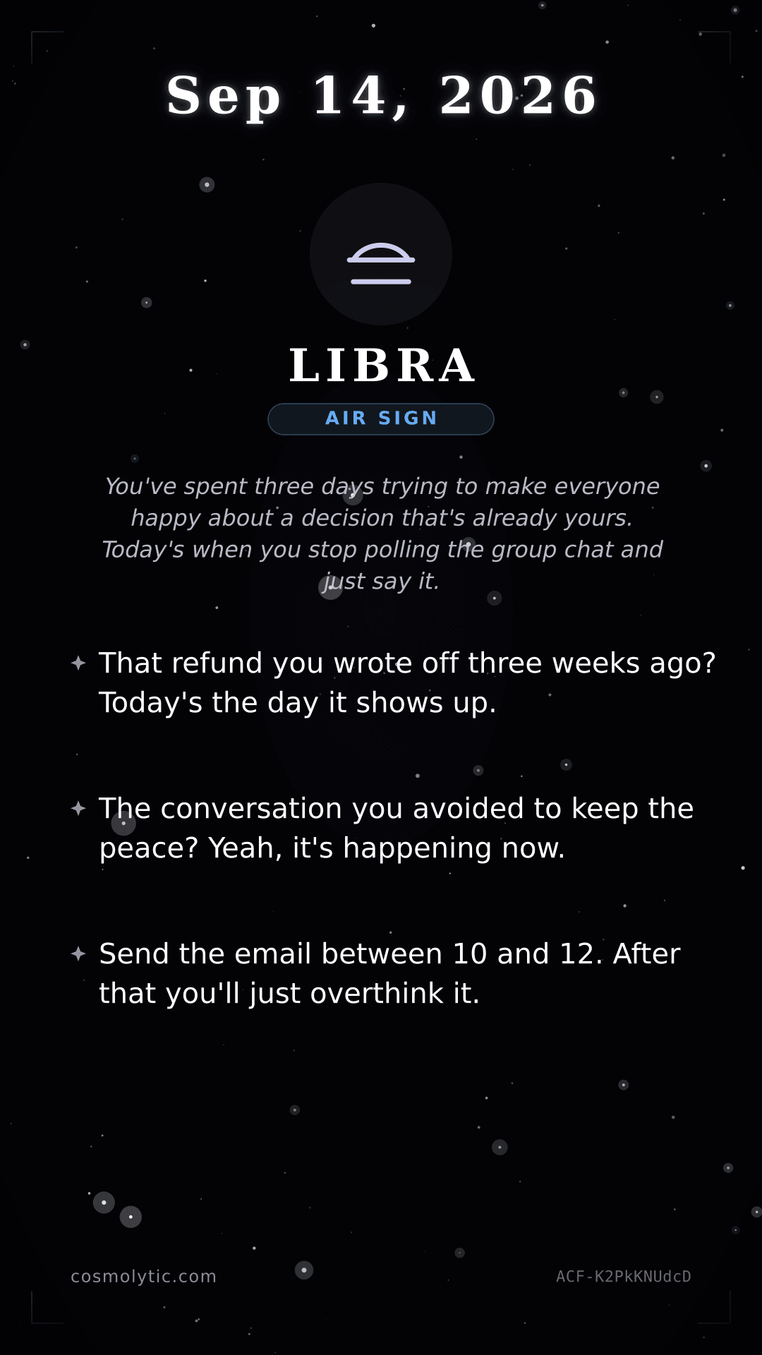 Libra daily horoscope card for September 14, 2026