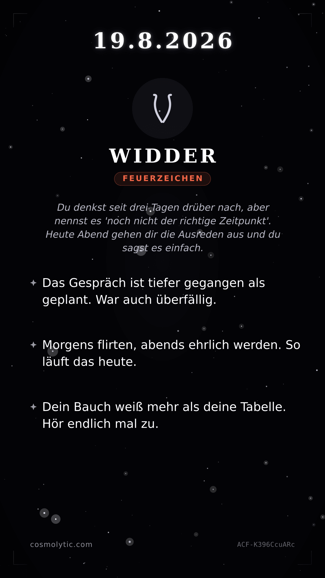 Widder Tageshoroskop-Karte für 19. August 2026
