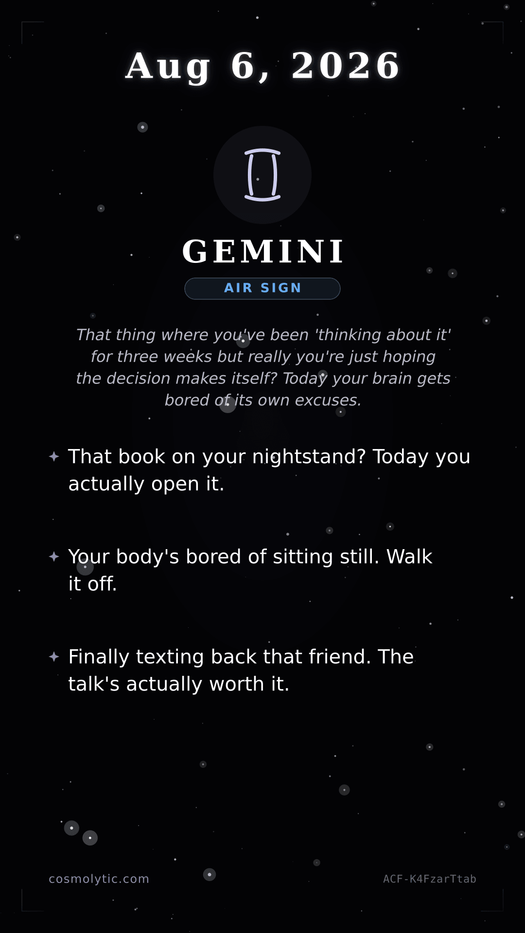 Gemini daily horoscope card for August 6, 2026