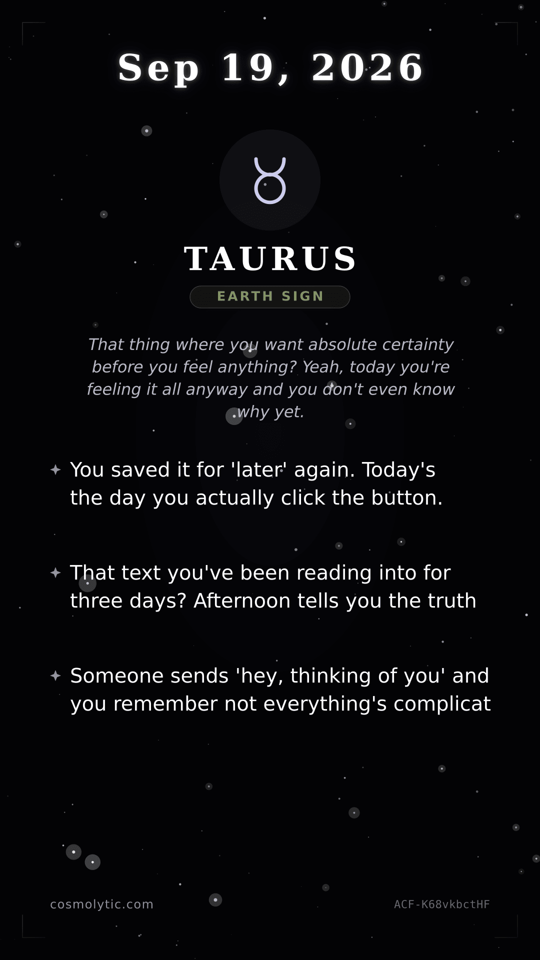 Taurus daily horoscope card for September 19, 2026