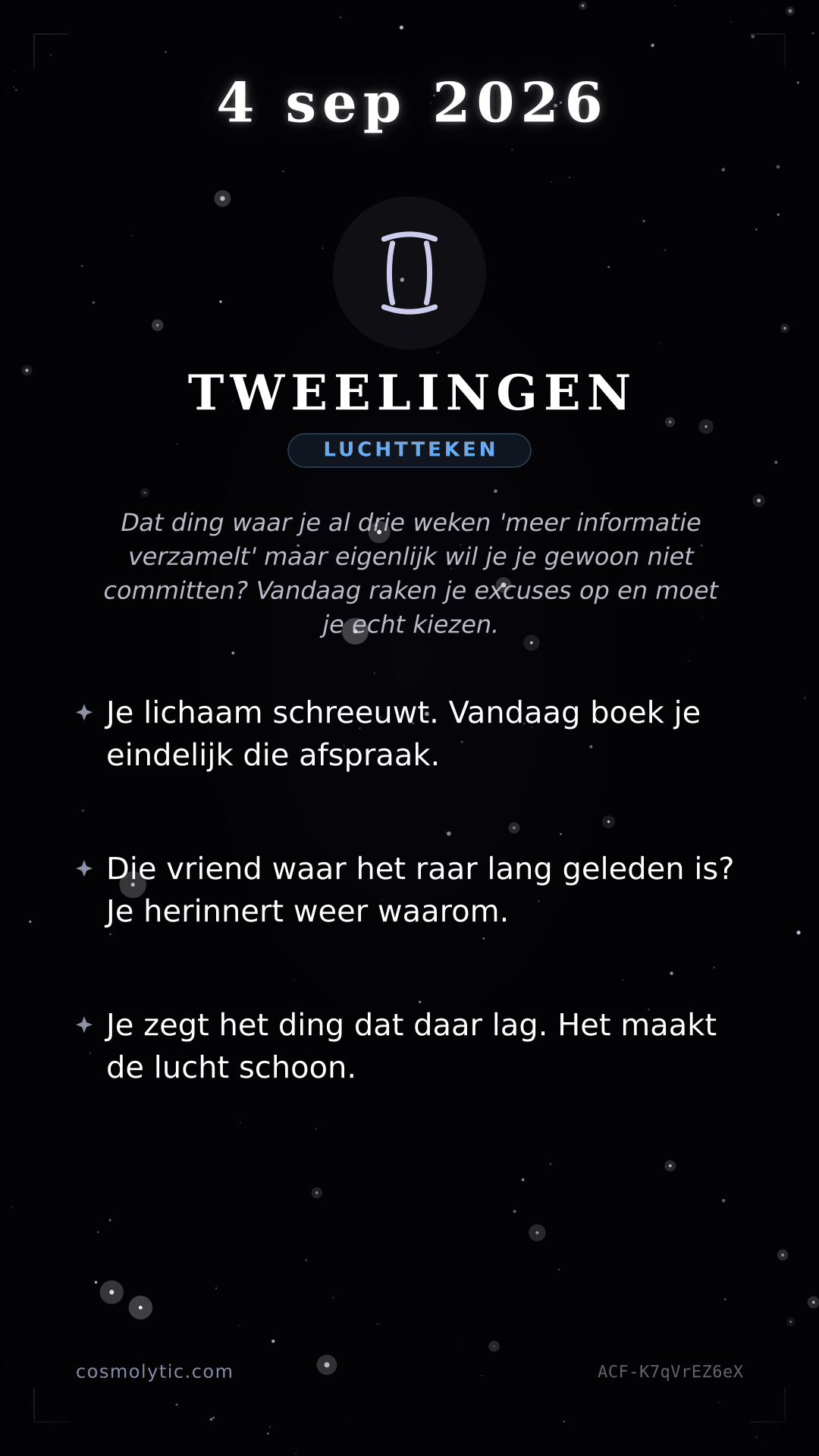Tweelingen daghoroscoop kaart voor 4 september 2026