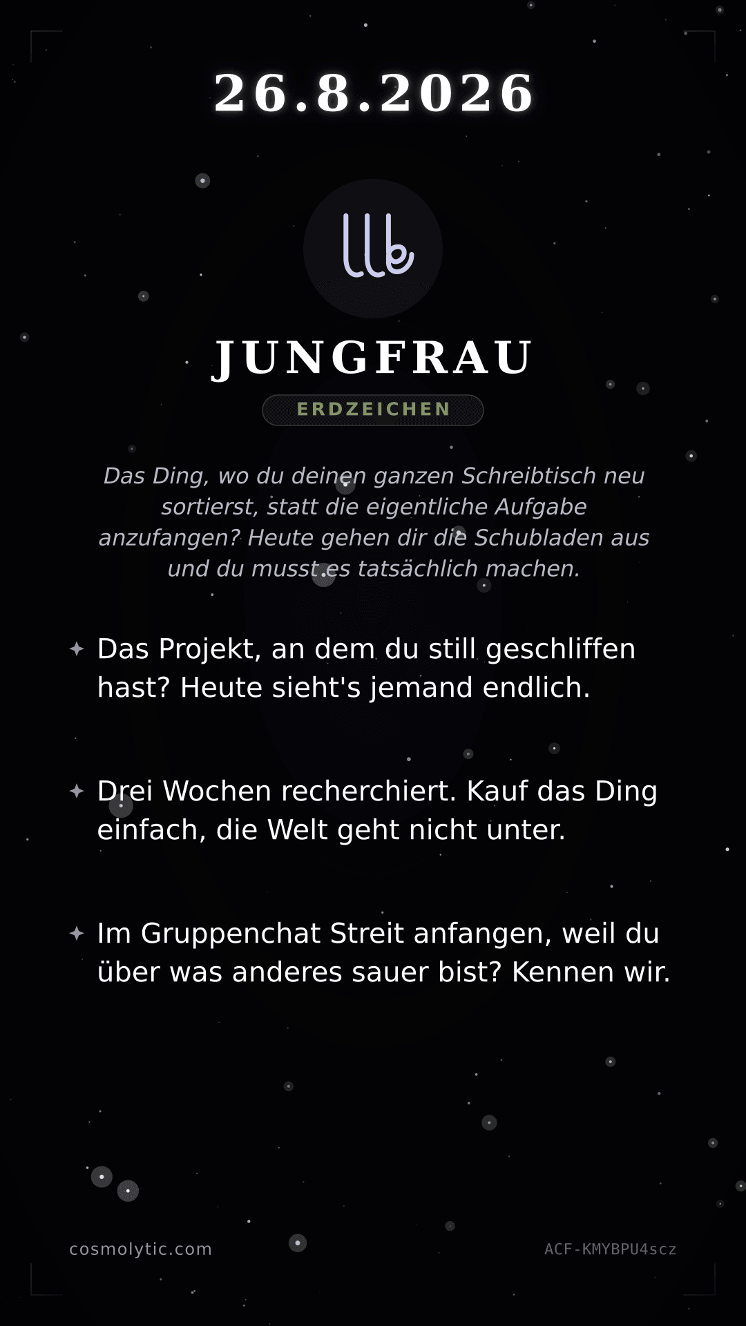Jungfrau Tageshoroskop-Karte für 26. August 2026