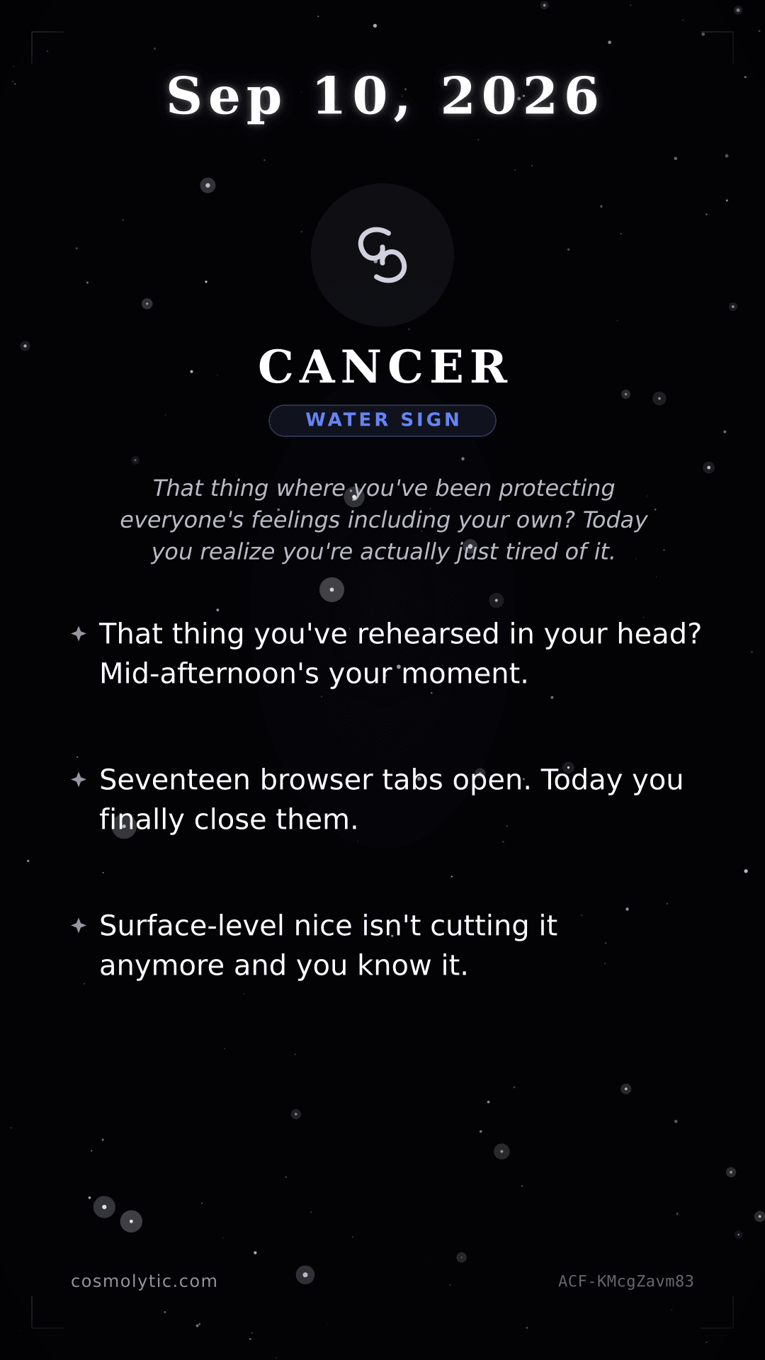 Cancer daily horoscope card for September 10, 2026