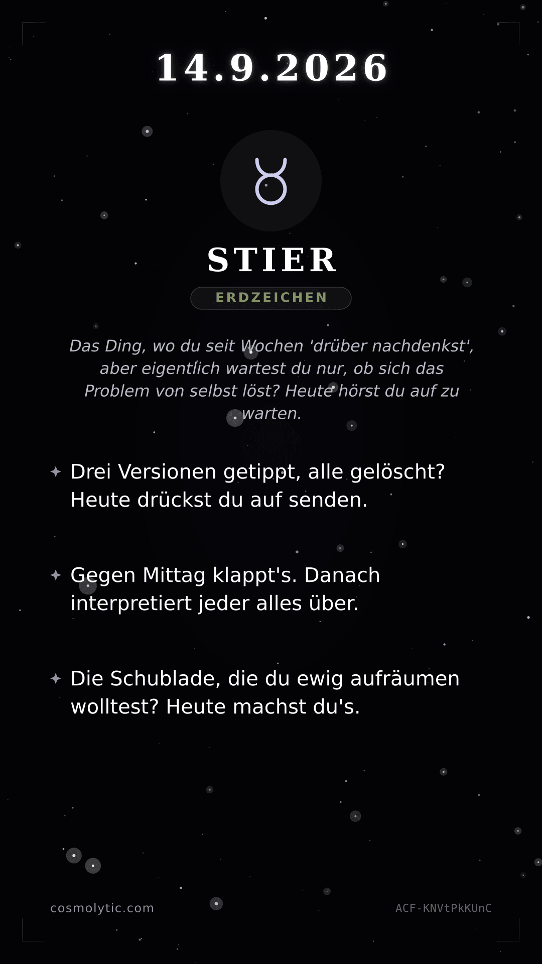 Stier Tageshoroskop-Karte für 14. September 2026