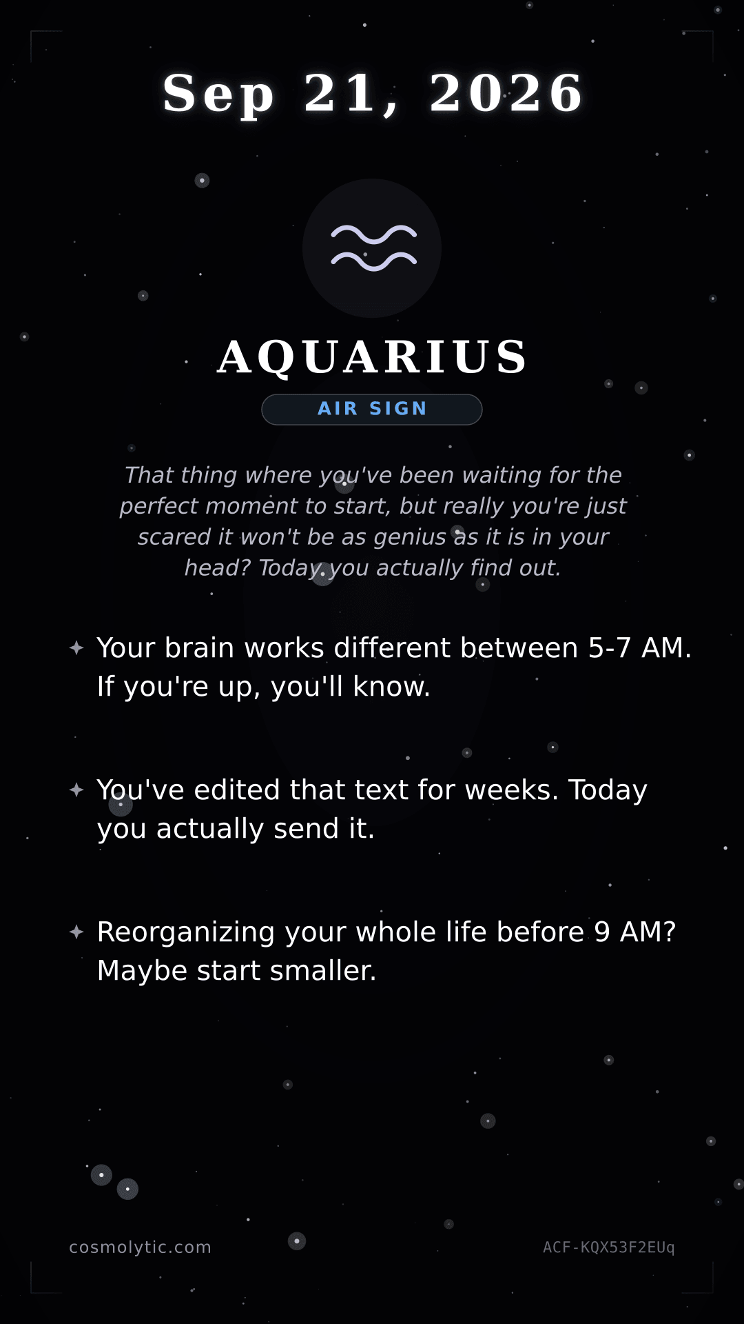 Aquarius daily horoscope card for September 21, 2026
