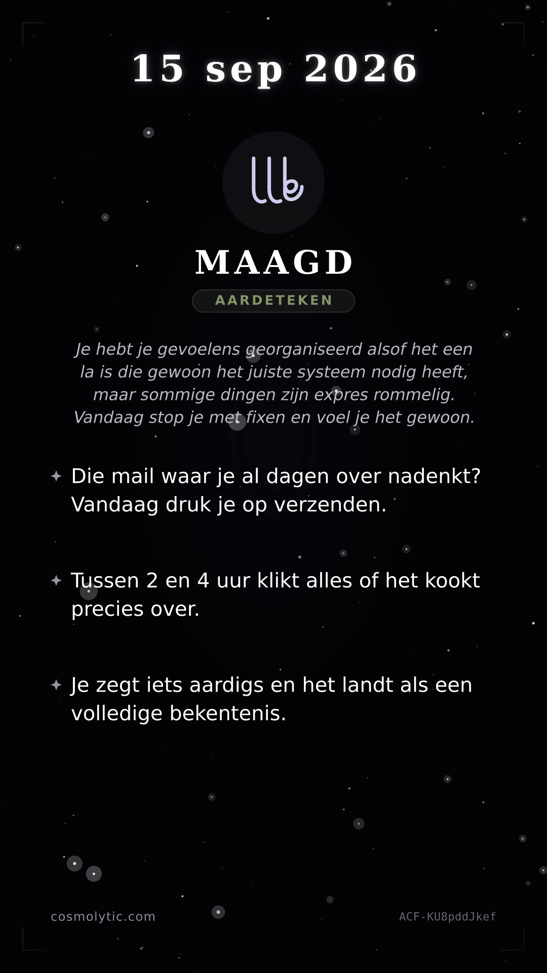 Maagd daghoroscoop kaart voor 15 september 2026