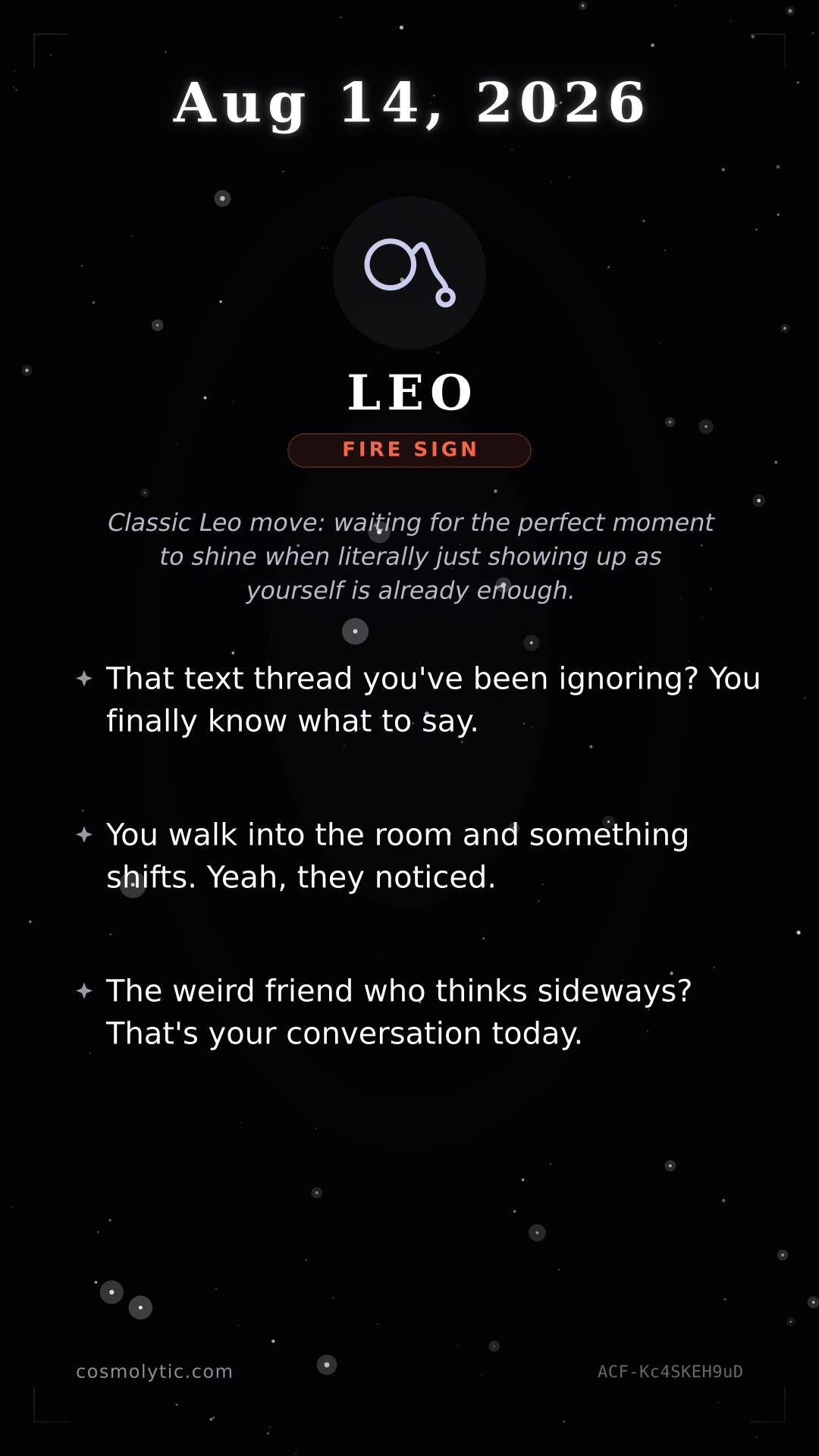 Leo daily horoscope card for August 14, 2026