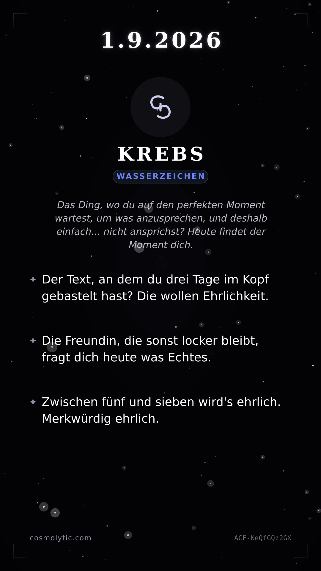Krebs Tageshoroskop-Karte für 1. September 2026