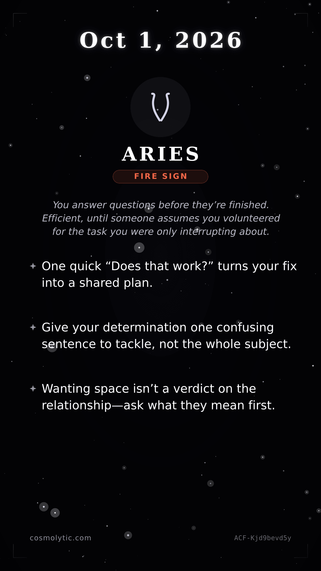 Aries daily horoscope card for October 1, 2026