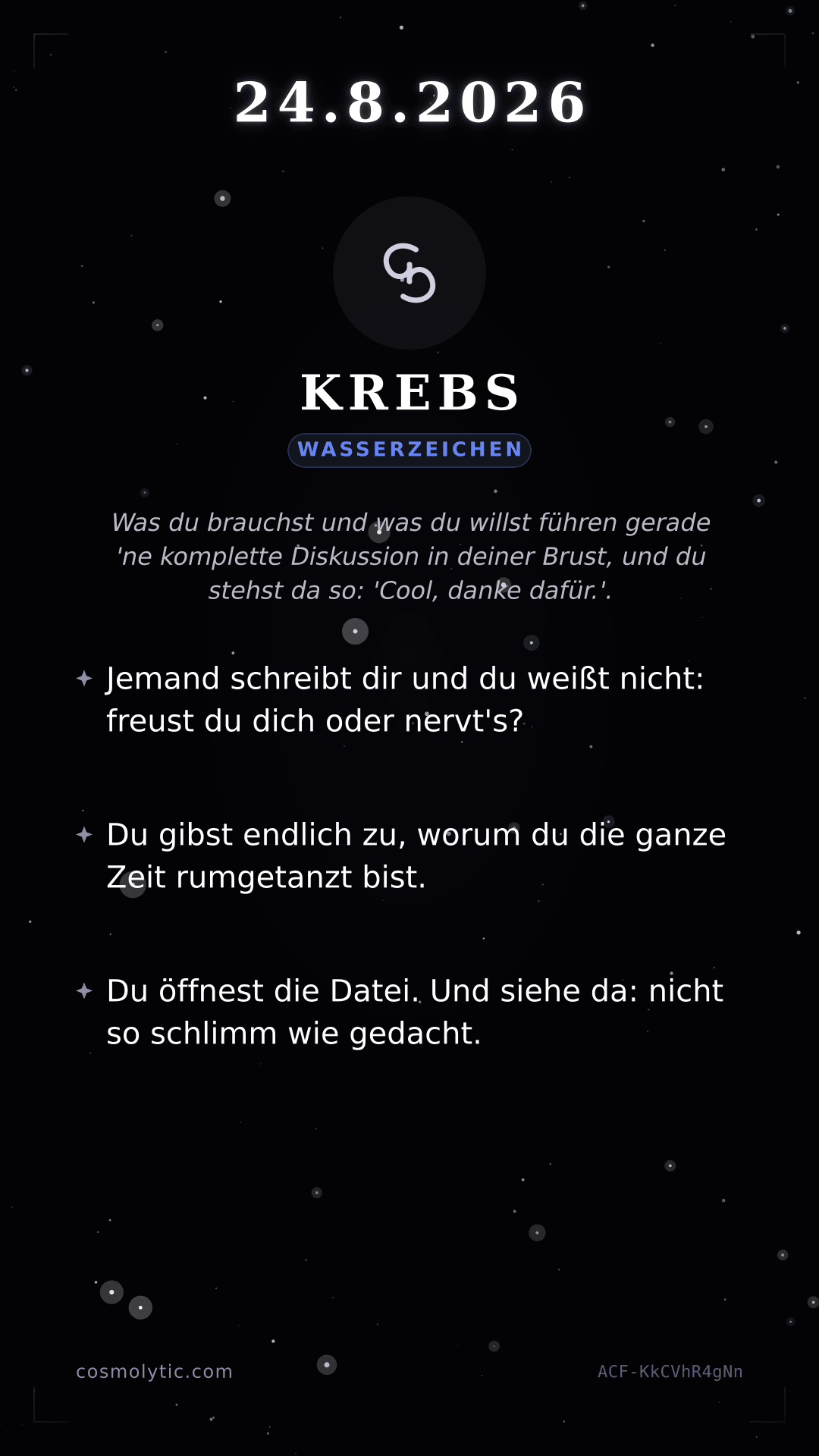 Krebs Tageshoroskop-Karte für 24. August 2026