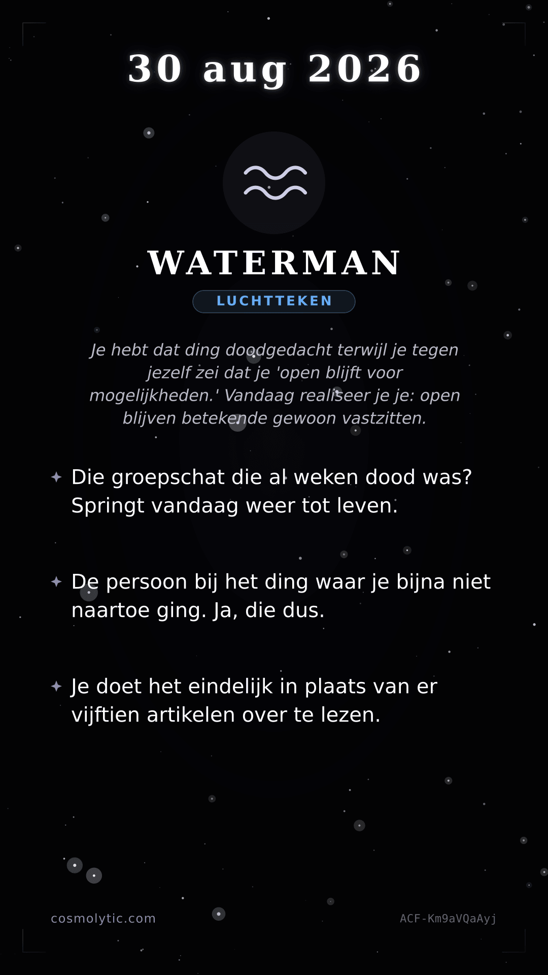 Waterman daghoroscoop kaart voor 30 augustus 2026