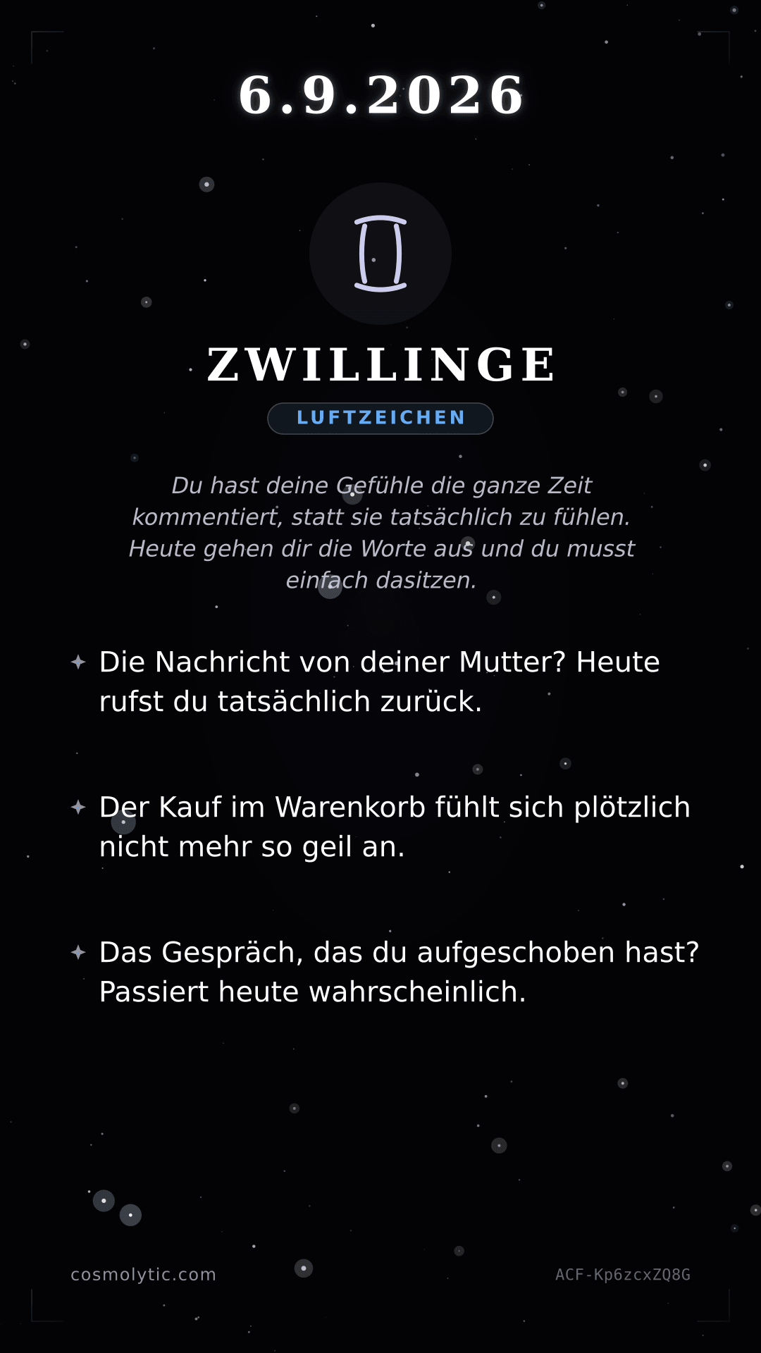 Zwillinge Tageshoroskop-Karte für 6. September 2026