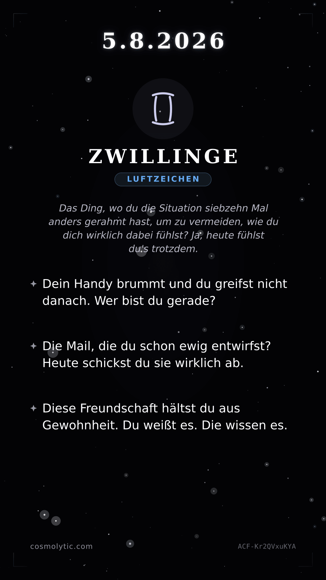 Zwillinge Tageshoroskop-Karte für 5. August 2026