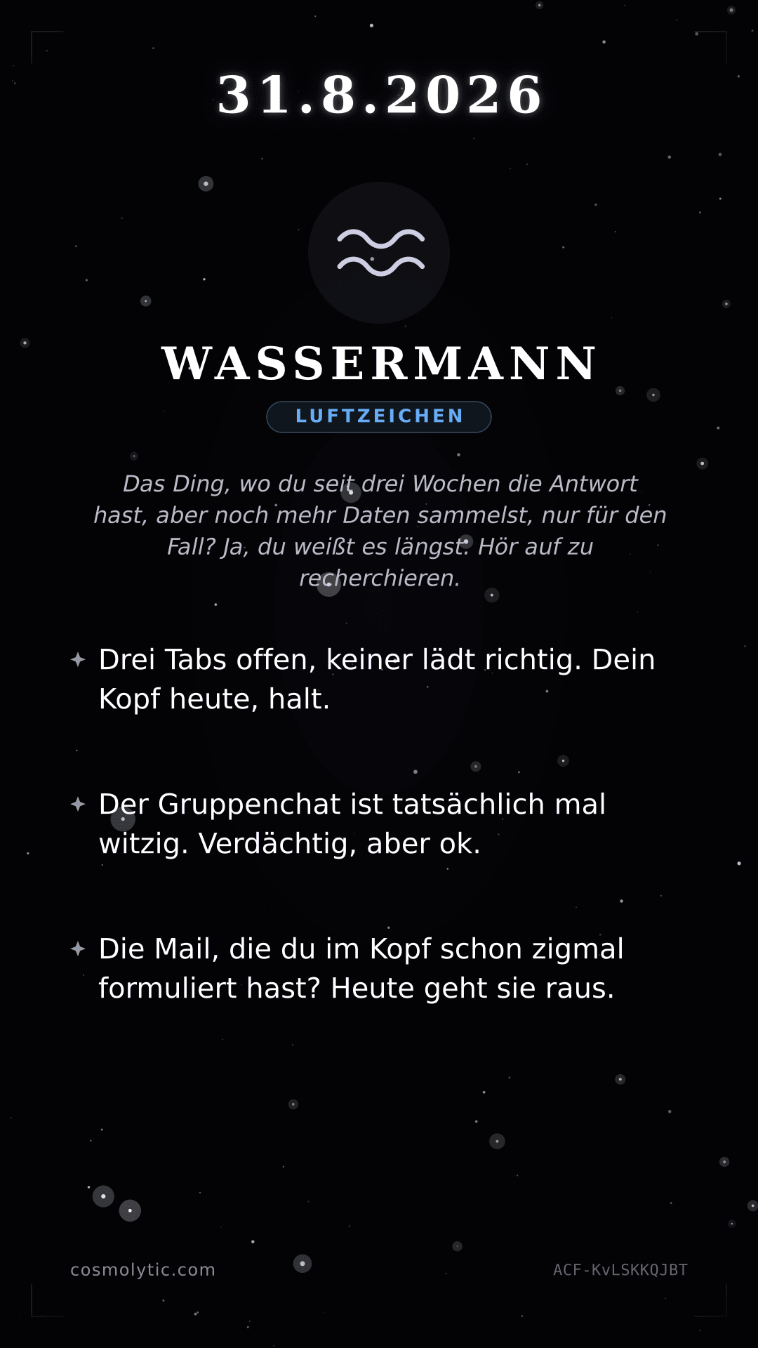 Wassermann Tageshoroskop-Karte für 31. August 2026