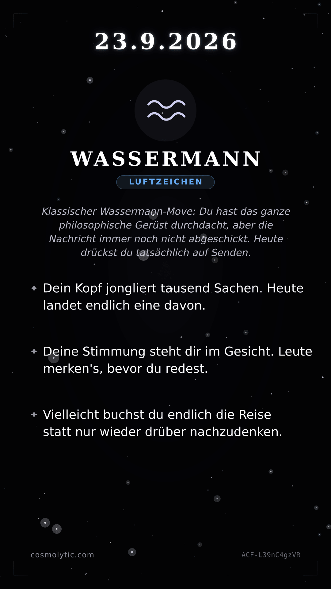 Wassermann Tageshoroskop-Karte für 23. September 2026