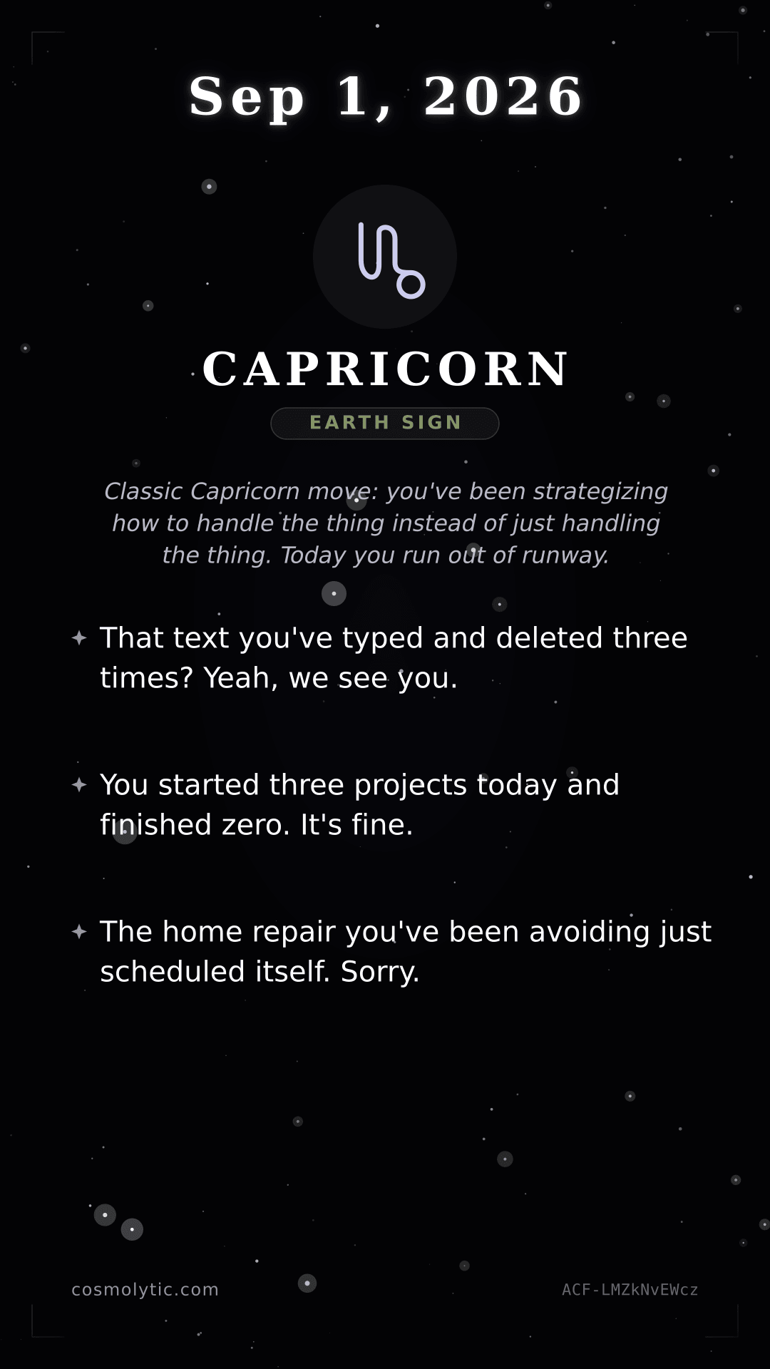 Capricorn daily horoscope card for September 1, 2026