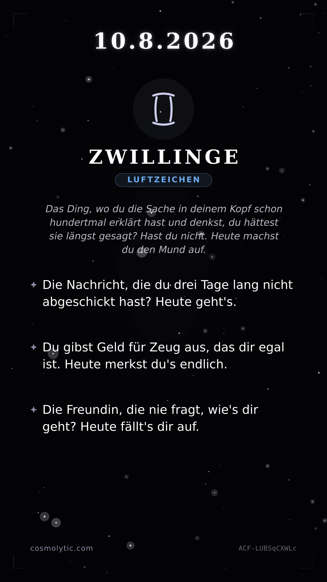 Zwillinge Tageshoroskop-Karte für 10. August 2026