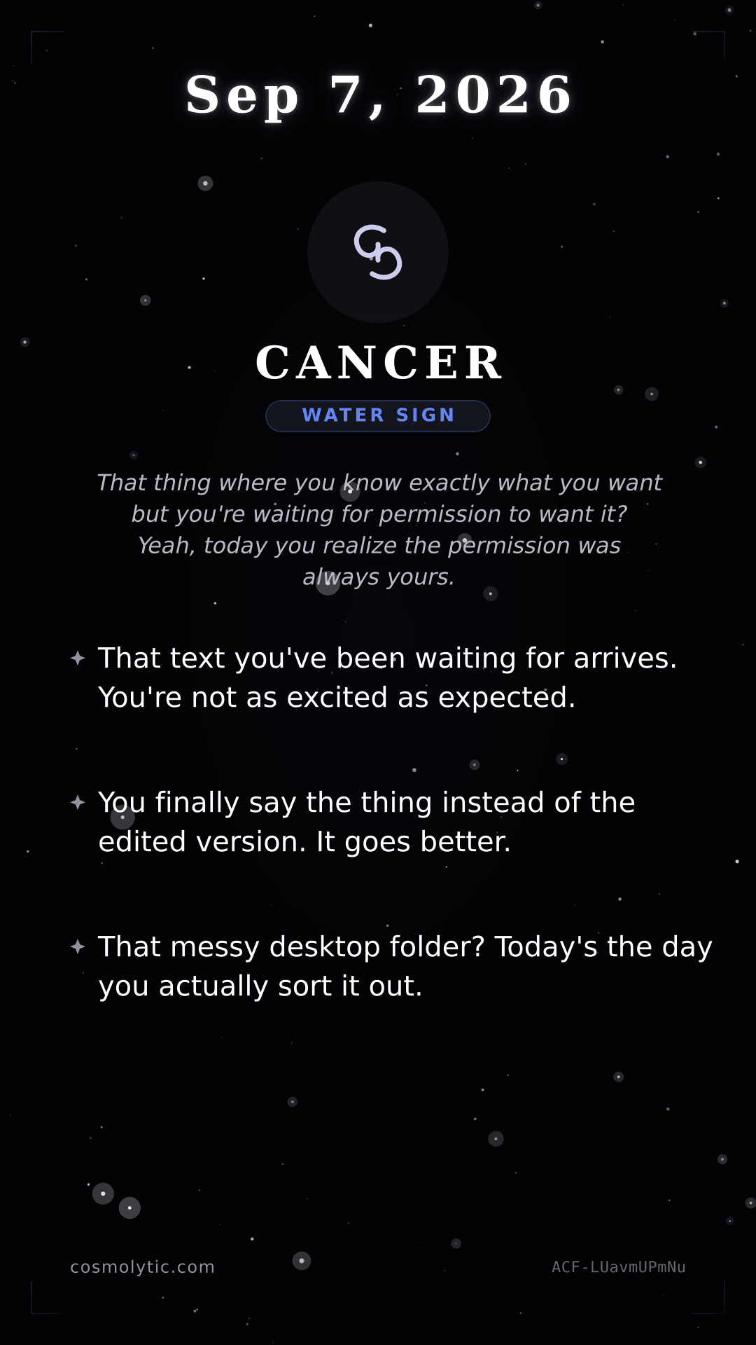 Cancer daily horoscope card for September 7, 2026