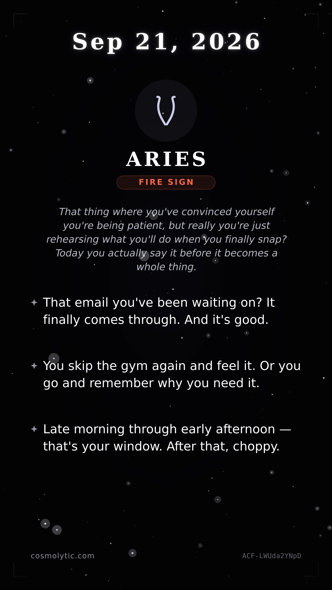 Aries daily horoscope card for September 21, 2026