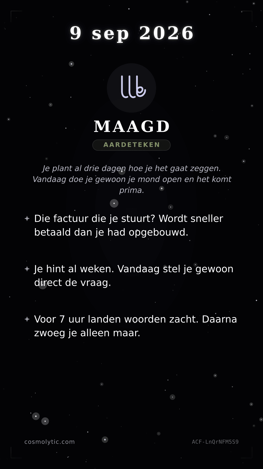 Maagd daghoroscoop kaart voor 9 september 2026