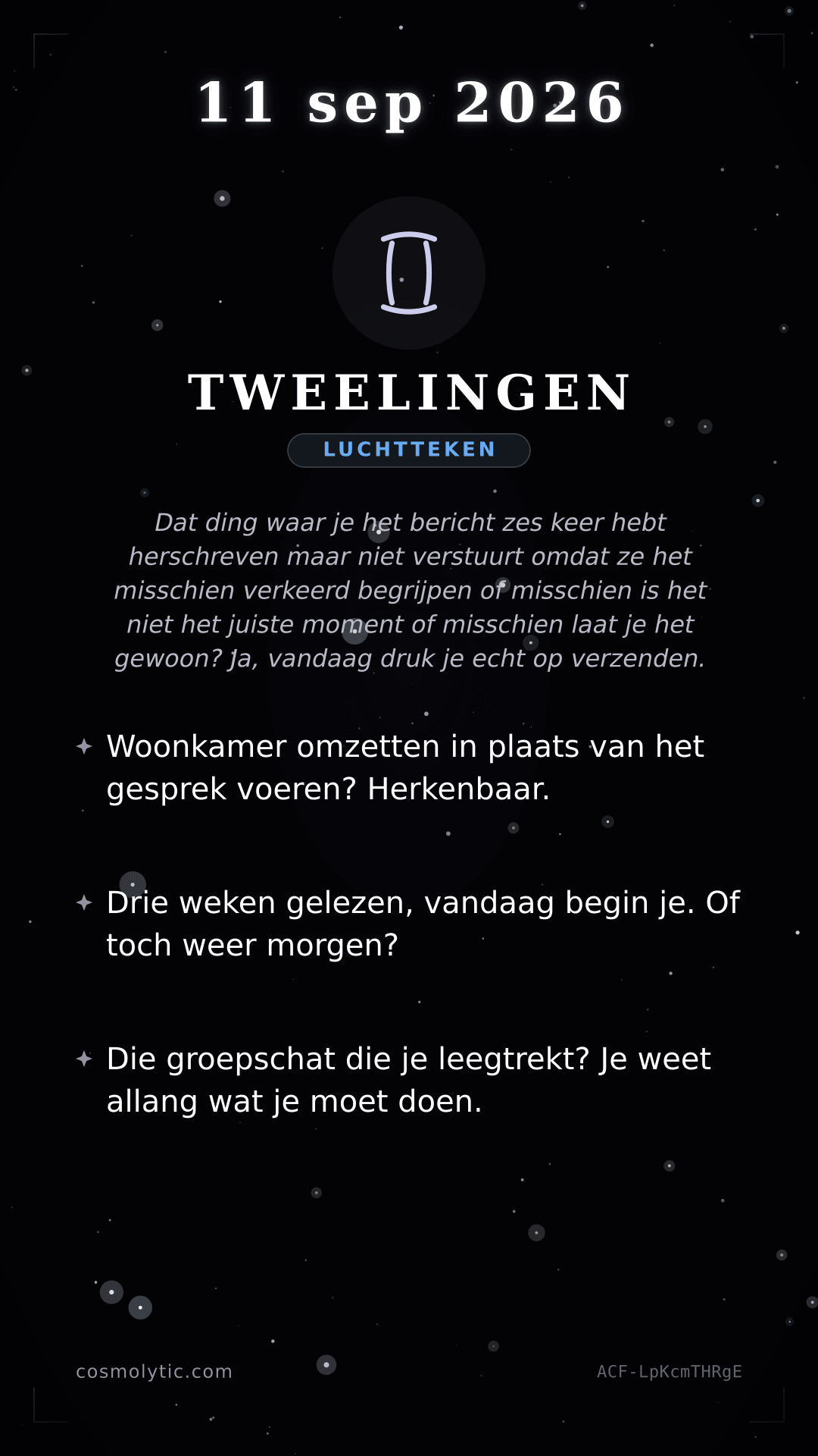 Tweelingen daghoroscoop kaart voor 11 september 2026