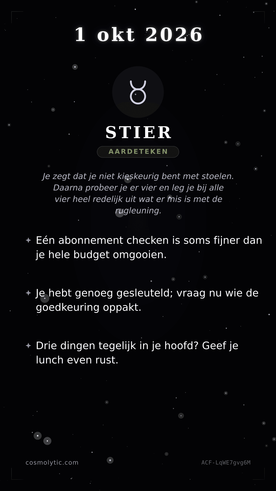 Stier daghoroscoop kaart voor 1 oktober 2026