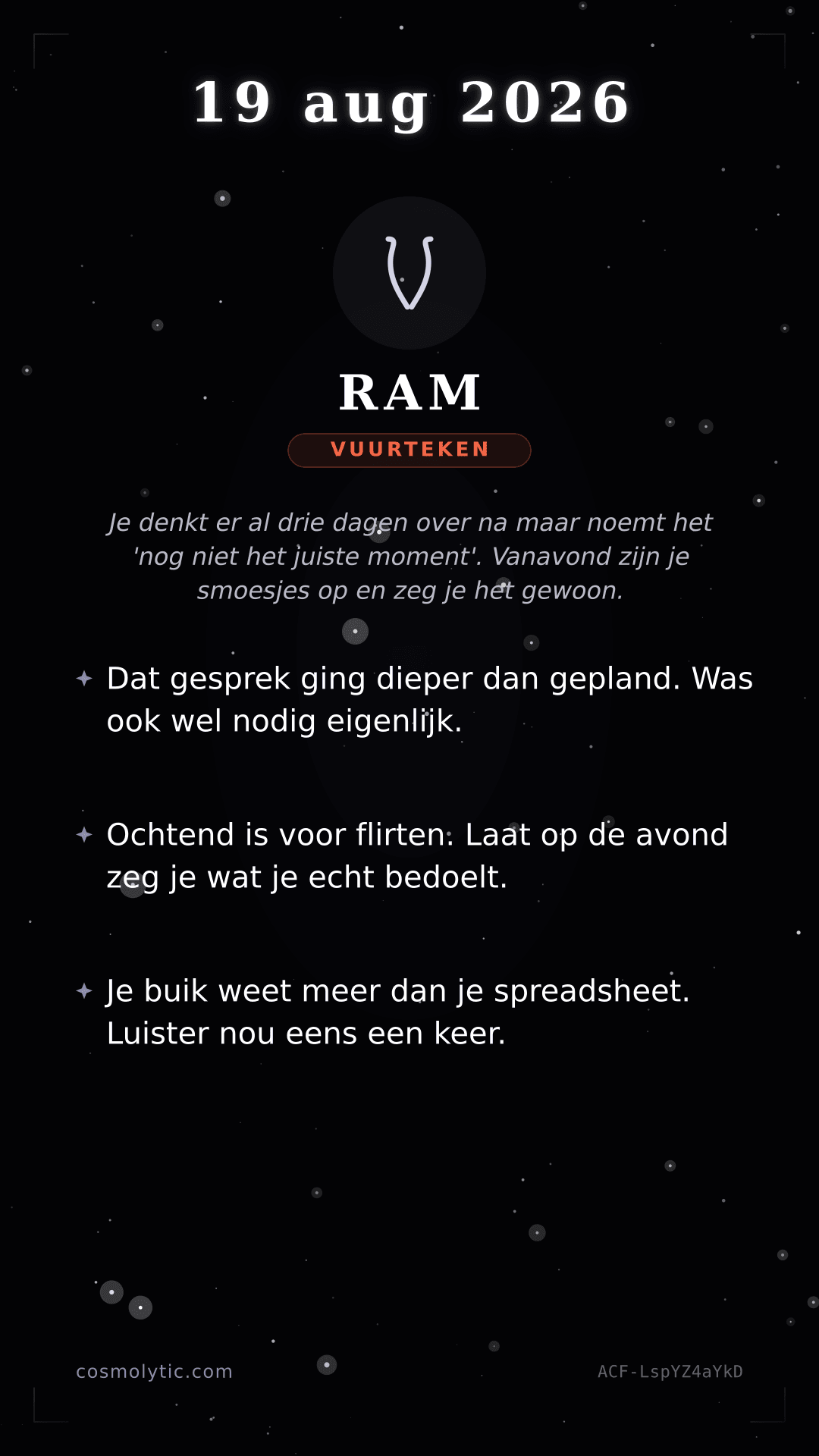 Ram daghoroscoop kaart voor 19 augustus 2026