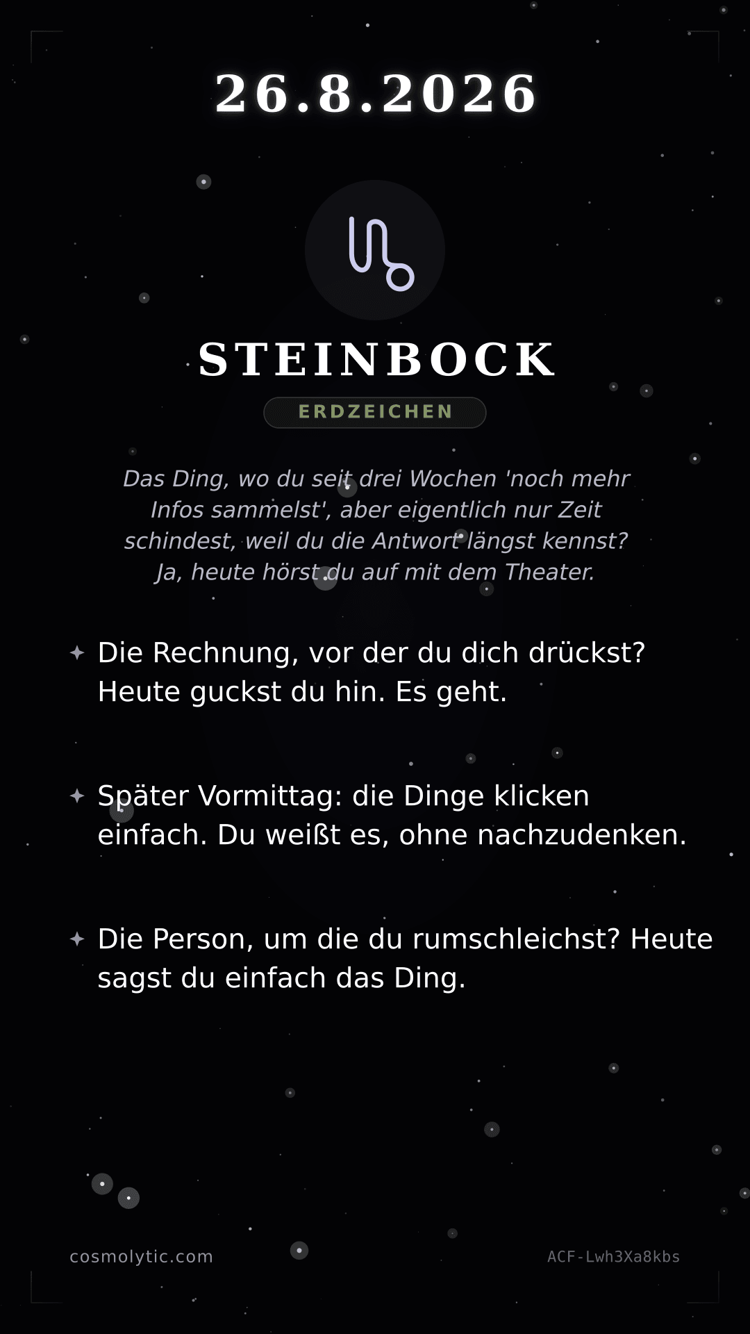 Steinbock Tageshoroskop-Karte für 26. August 2026
